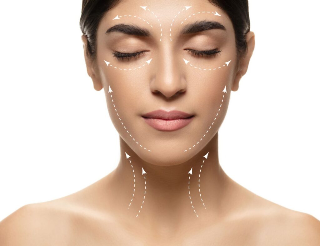 A woman with guidelines on her face for Les Encres Cosmetic Threading